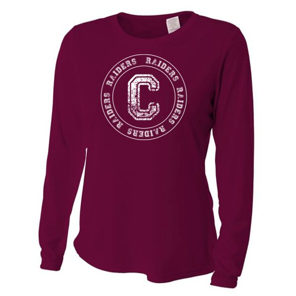 Maroon C Raiders Circle Ladies Long Sleeve Performance Cooling Tee