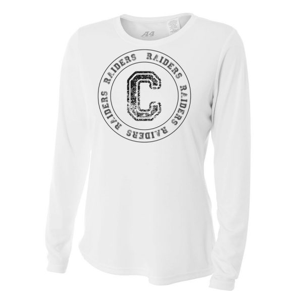 White C Raiders Circle Ladies Long Sleeve Performance Cooling Tee