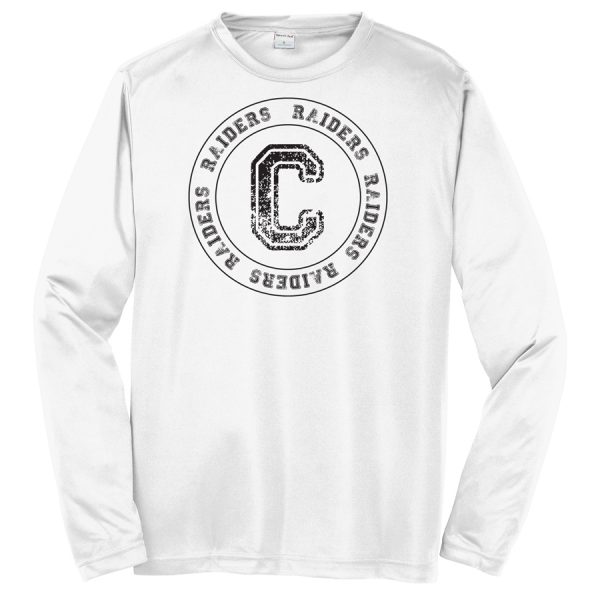 White C Raiders Circle Youth Long Sleeve Performance Cooling Tee